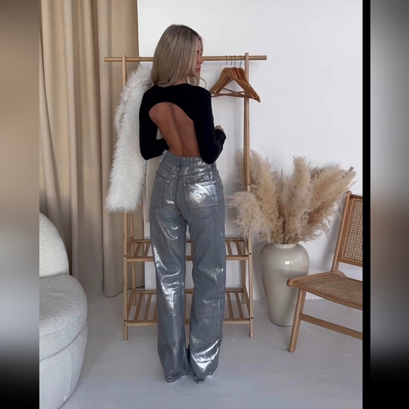 Zara Metallic Foil Wide Leg Jeans - Picture 3 of 16